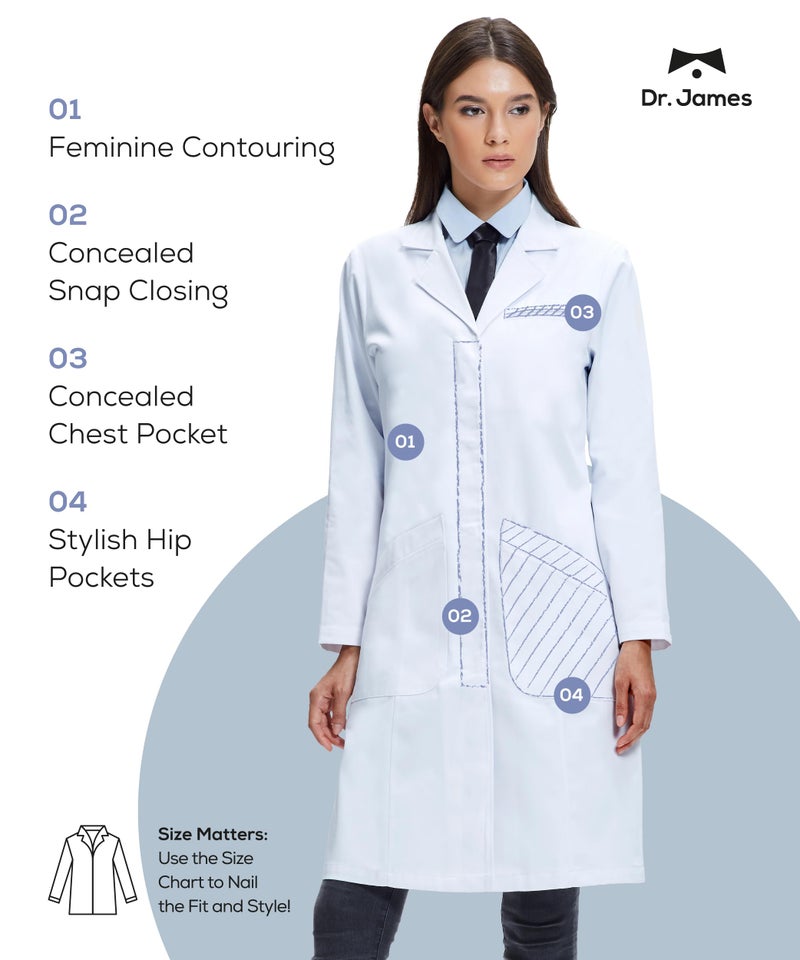 DR. JAMES معطف مختبر نسائي من د. جيمس 100% قطن، مع جيوب متعددة، تصميم كلاسيكي، إغلاق بأزرار مخفية، بطول 37" (4 (S)) - Image 3